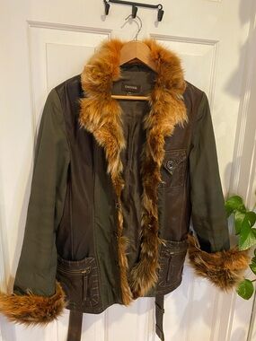 Danier Fox Fur Leather Canvas jacket coat Boho Festival statement spring fall